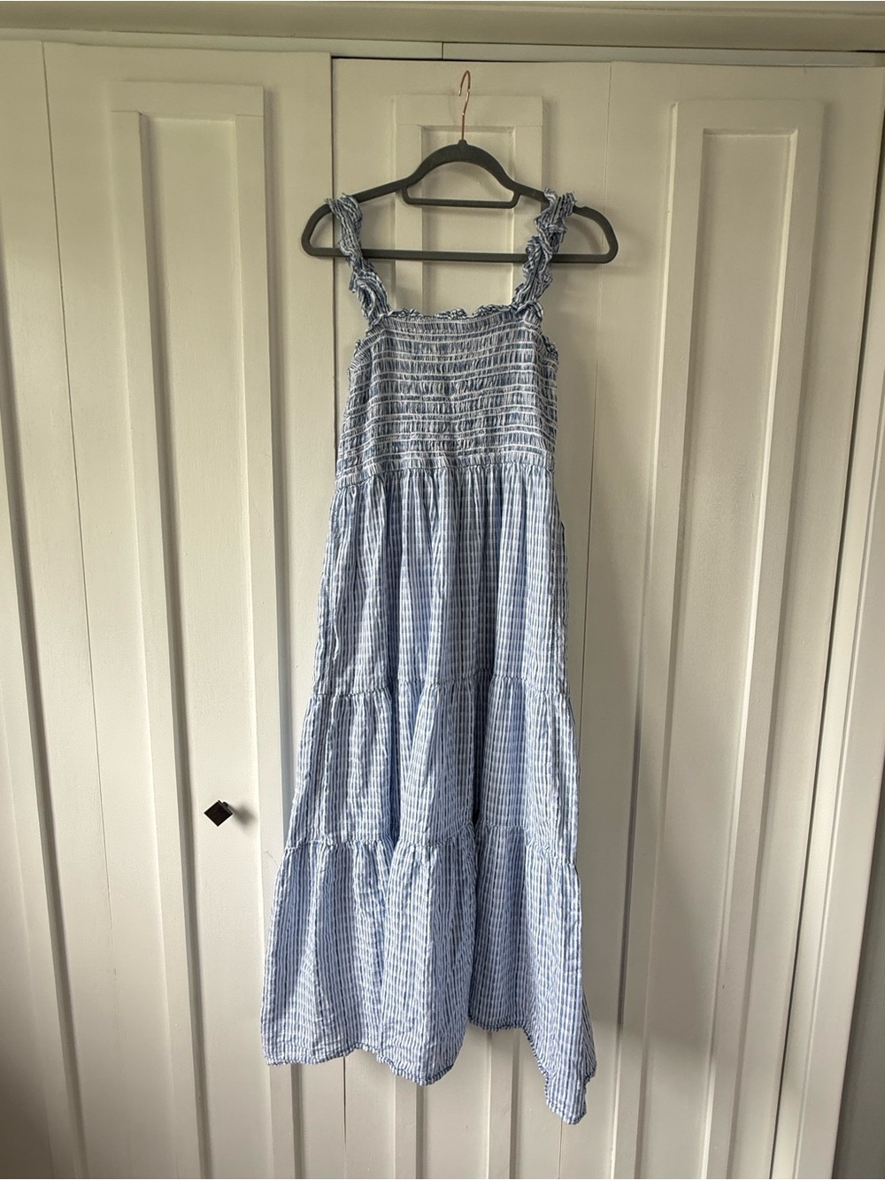 Blue and White Striped Smocked Midi Dress - Picture 3 of 5